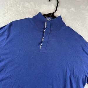Brioni Bianco Sweater Mens Medium Blue Firenze Mock Neck Button Long Sleeve Knit